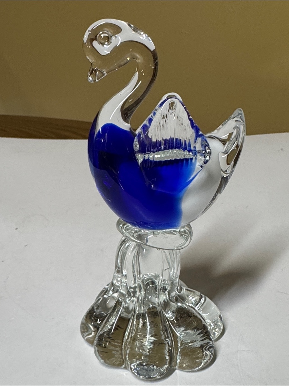 Swan Blown Glass Bird Clear Cobalt Blue White Figurine Paperweight Art 5.5โ